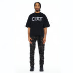 Cult's Oversized Short Sleeve Crew Neck Tee "Shredded" 260 Grams In Black