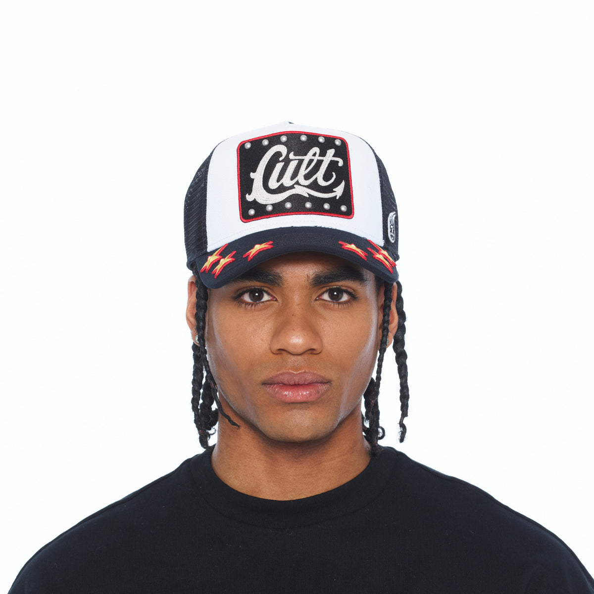 Cult's Mesh Back Trucker Hat "Stars" In White