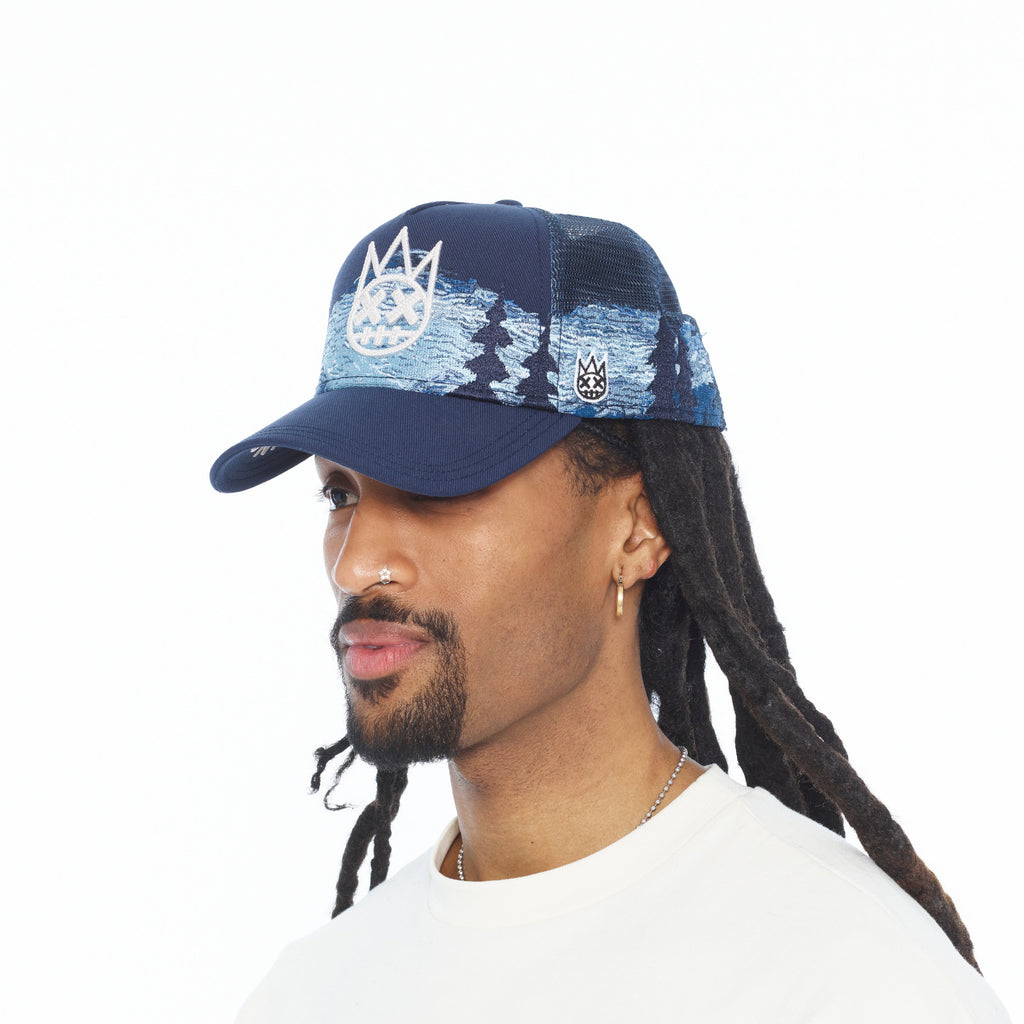 Cult's Mesh Back Trucker Hat "Mountains" In Dark Navy