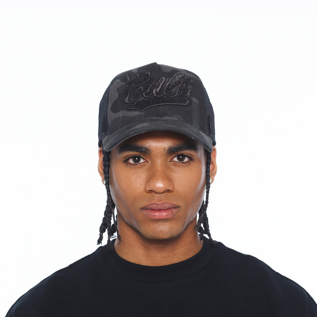 Cult's Mesh Back Trucker Hat "Camo Crystal Script" In Black Camo