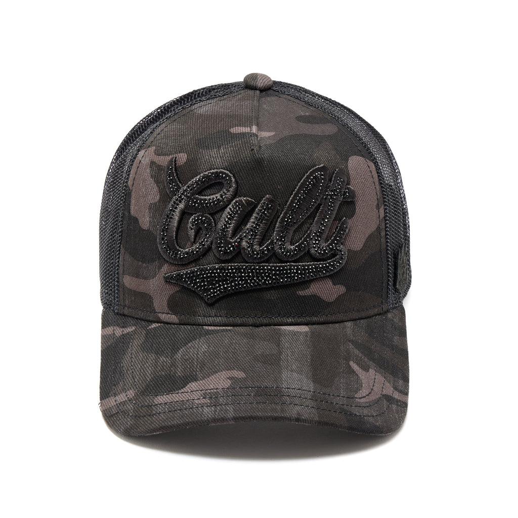 Cult's Mesh Back Trucker Hat "Camo Crystal Script" In Black Camo