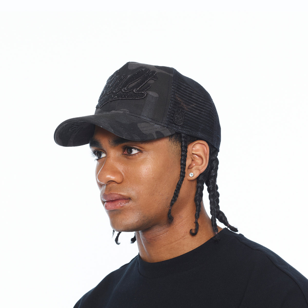 Cult's Mesh Back Trucker Hat "Camo Crystal Script" In Black Camo