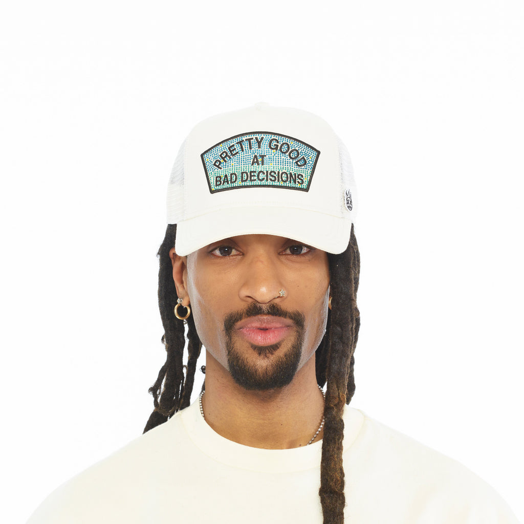 Cult's Mesh Back Trucker Hat "Pretty Good At Bad Decisions" In Winter White