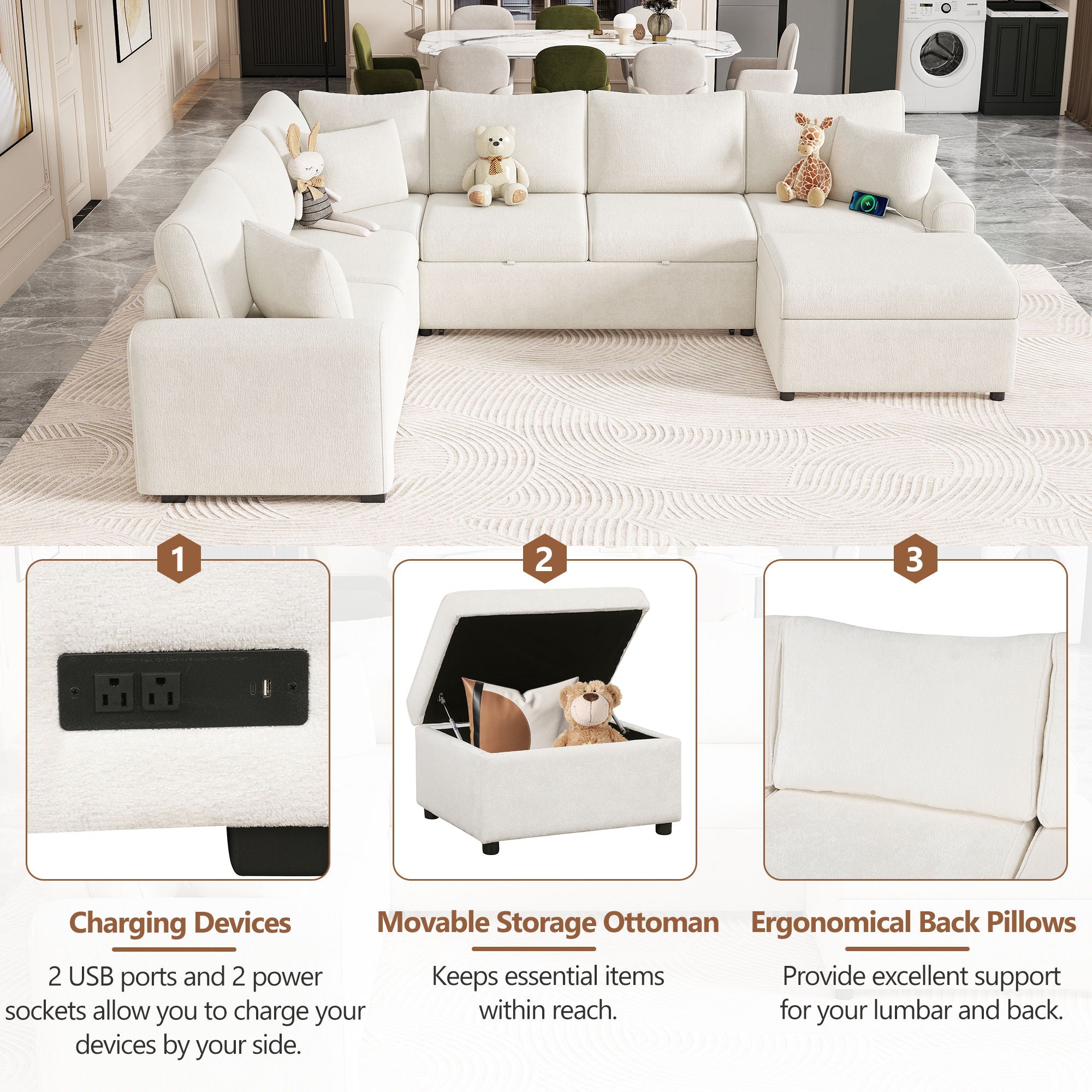 Sectional Sofa Pull-Out Sofa Bed Sleeper With A Storage Ottoman