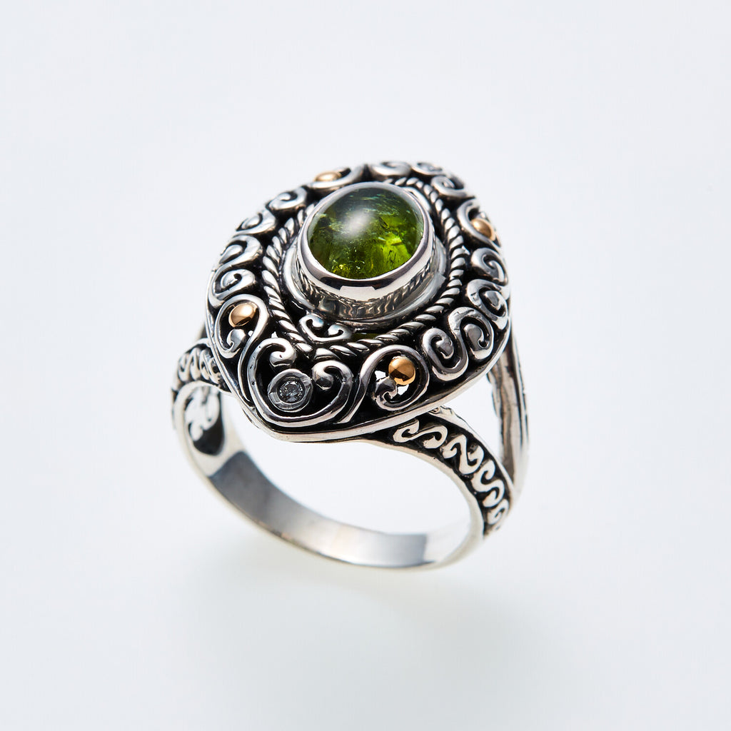 SS + 18K +  Green Tormaline Ring + Diamond Accents