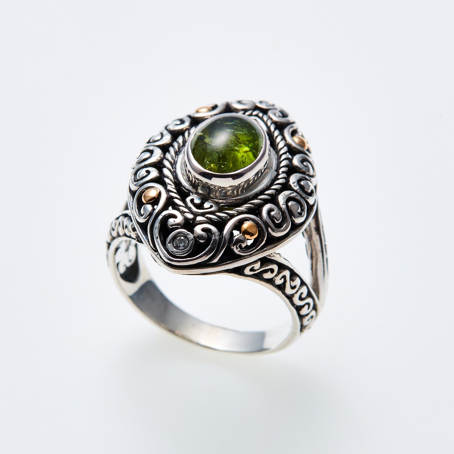 SS + 18K +  Green Tormaline Ring + Diamond Accents