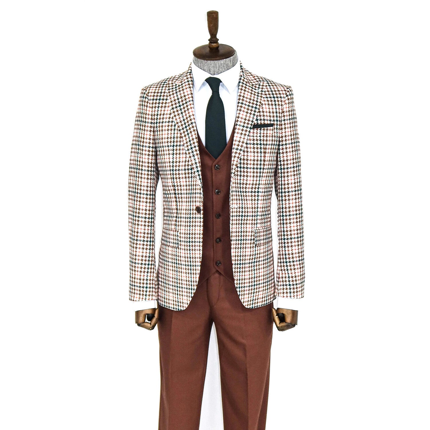 Carson Slim Fit Plaid 3-Piece Vested Suit // Brown + White + Green