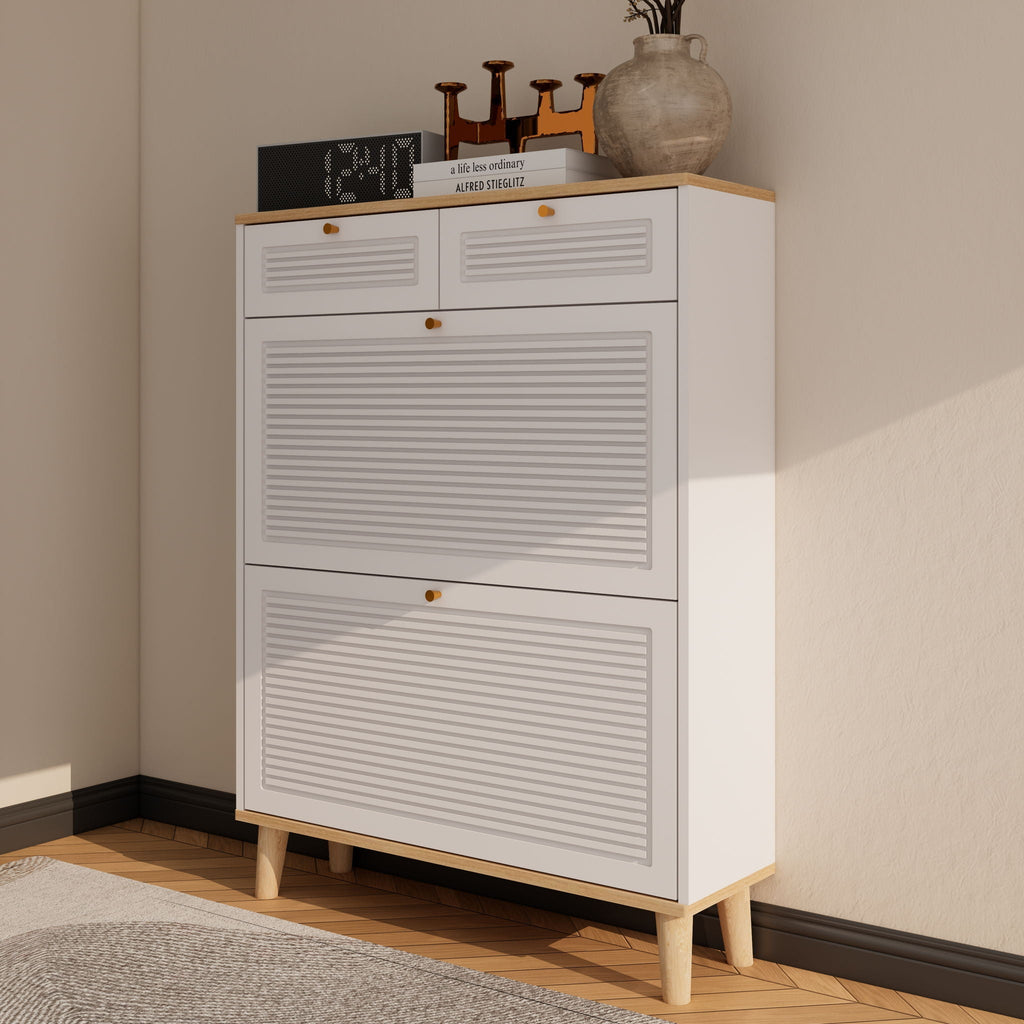 Modern Freestanding Shoe Cabinet With Flip Up Doors - White Natural