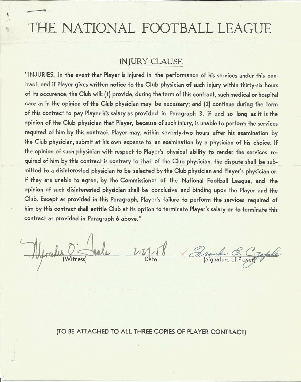 Frank Czapla Cleveland Browns Signed/Autographed 1958 NFL Injury Clause 150380