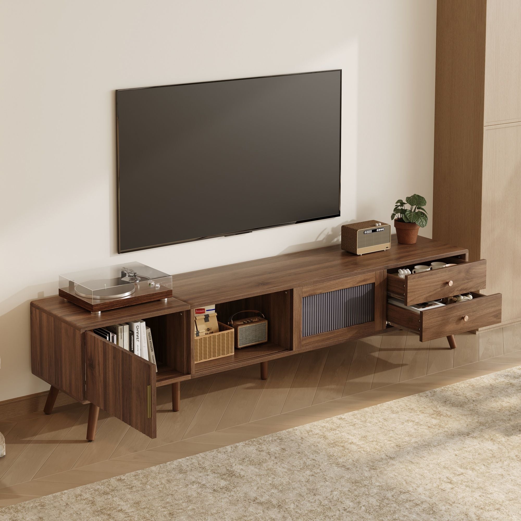 Doors TV Stand For TVs Up To 85", With Storage Cabinets - Natural
