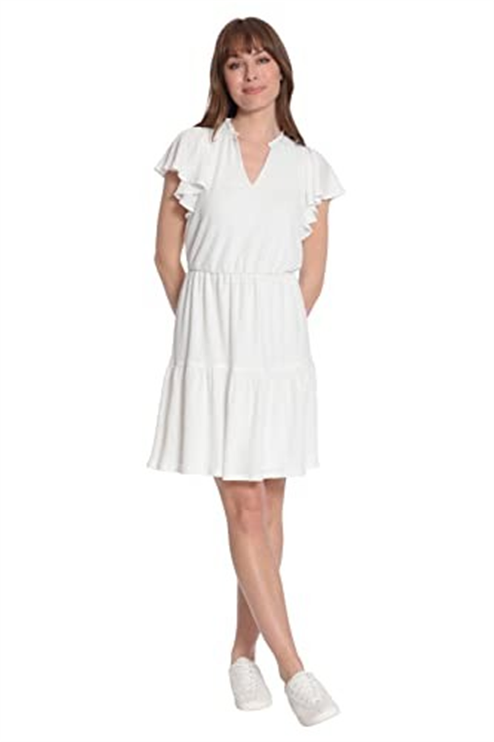London Times Women's White Flutter Sleeve Tiered Fit and Flare Size 2X