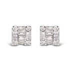 10K White Gold 1/7 Cttw Round and Baguette Diamond Mosaic Square Stud Earrings (H-I Color, I1-I2 Clarity)
