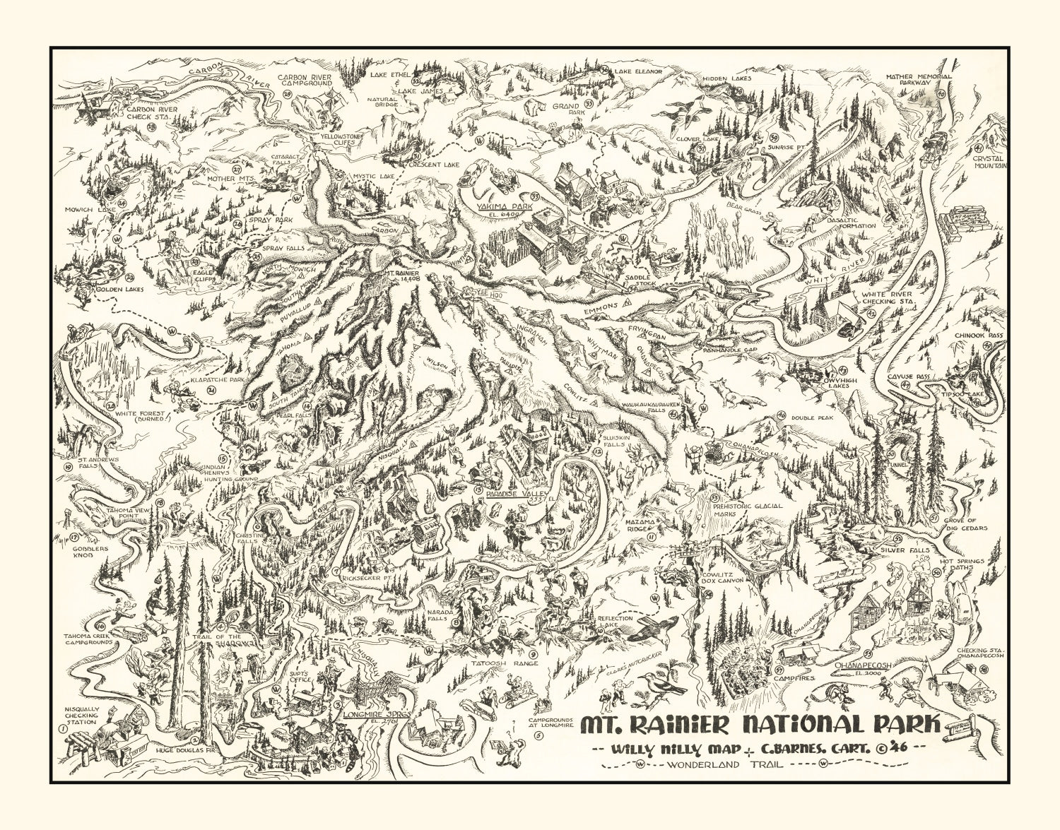 Vintage Map of Mt. Rainier National Park 1946