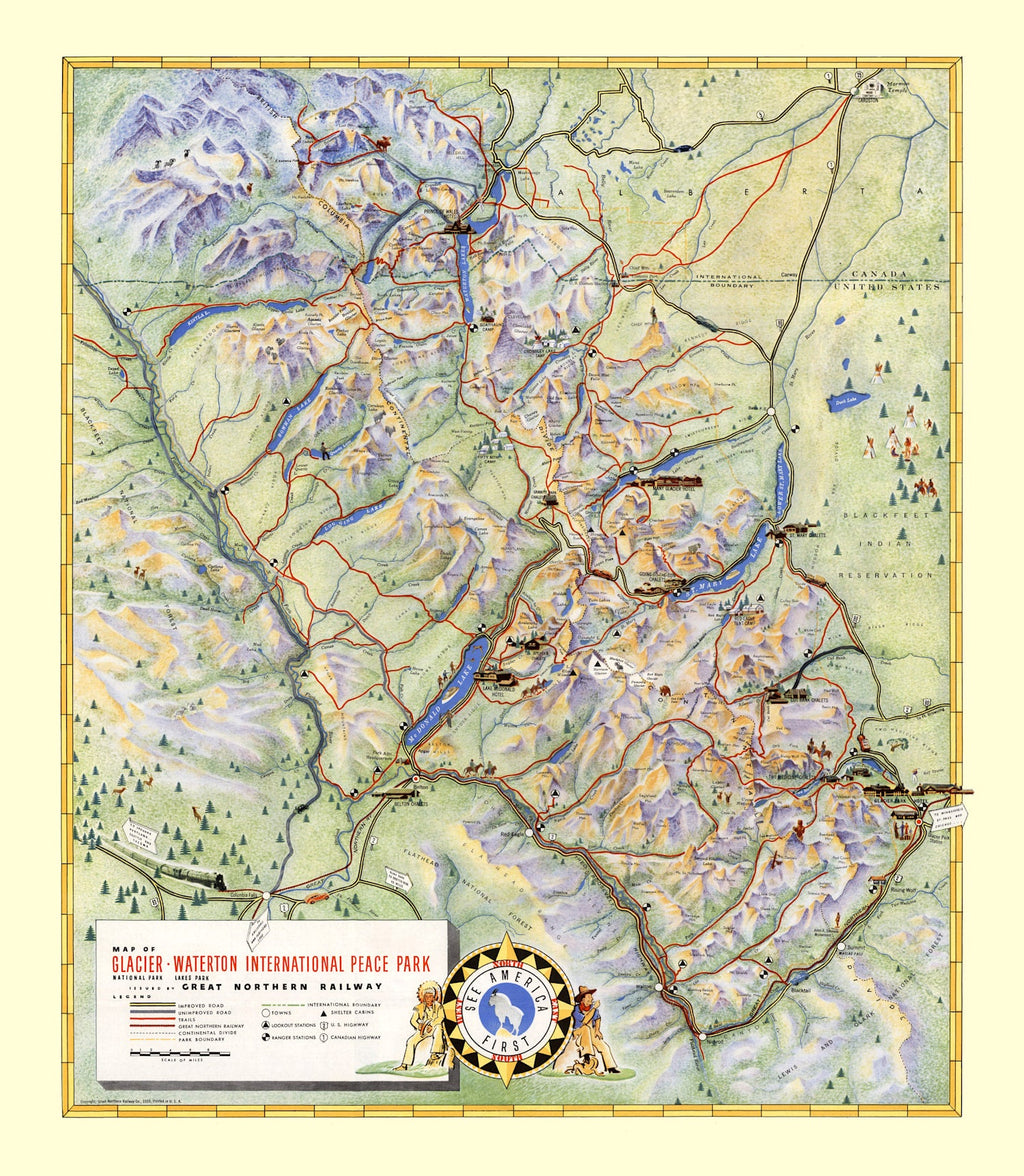 Vintage Map of Glacier National Park 1939