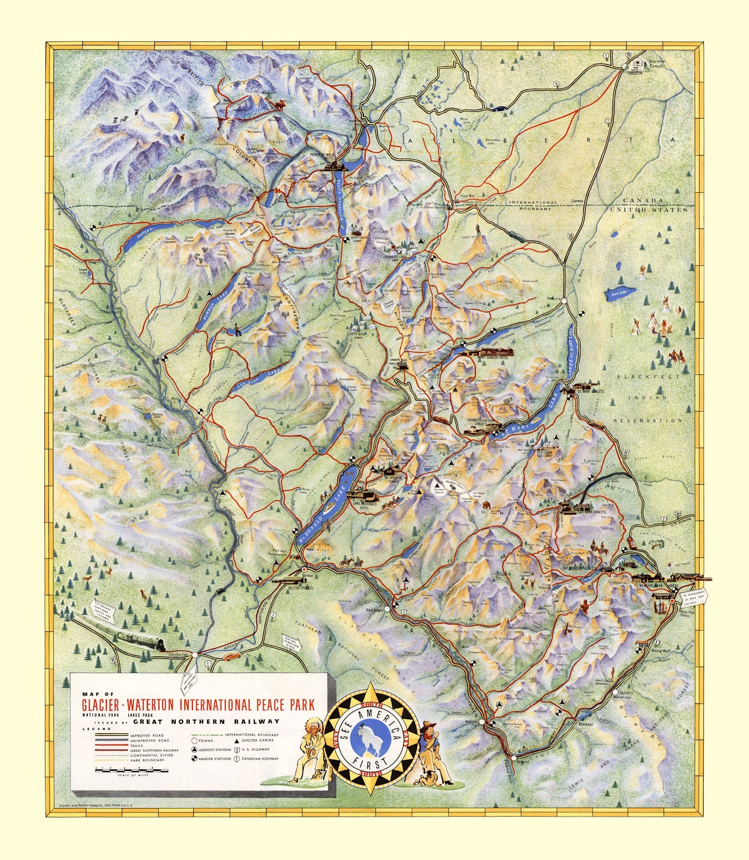 Vintage Map of Glacier National Park 1939