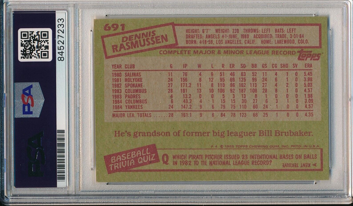 Dennis Rasmussen Yankees Signed/Autographed 1985 TOPPS Card #691 PSA/DNA 166428