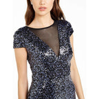 Teeze Me | Mesh Deep V Sequin Bodycon Dress | Navy/Royal