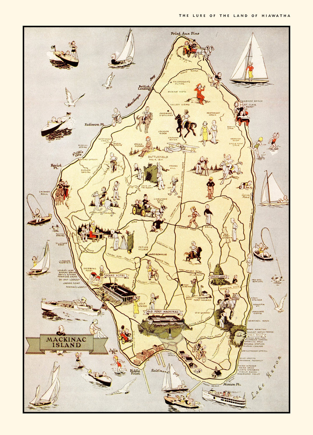 Vintage Map of Mackinack Island, MI 1936