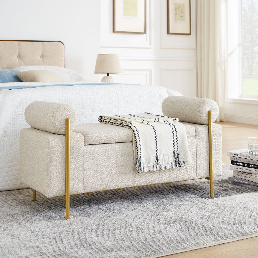 Elegant Upholstered Storage Bench With Cylindrical Arms And Iron Legs