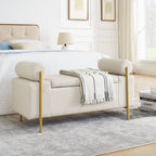 Elegant Upholstered Storage Bench With Cylindrical Arms And Iron Legs