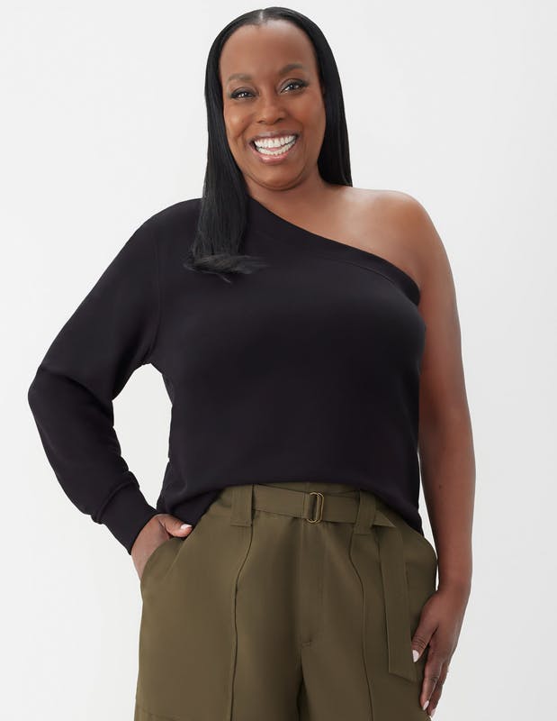 GSTQ One Shoulder French Terry Top Black M