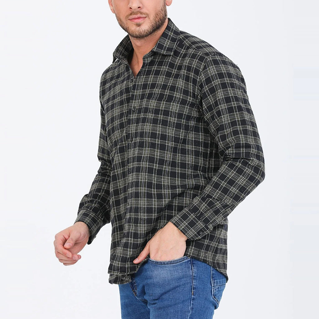 Jake Long Sleeve Checkered Pocket Collar Button-Up Shirt // Military Green