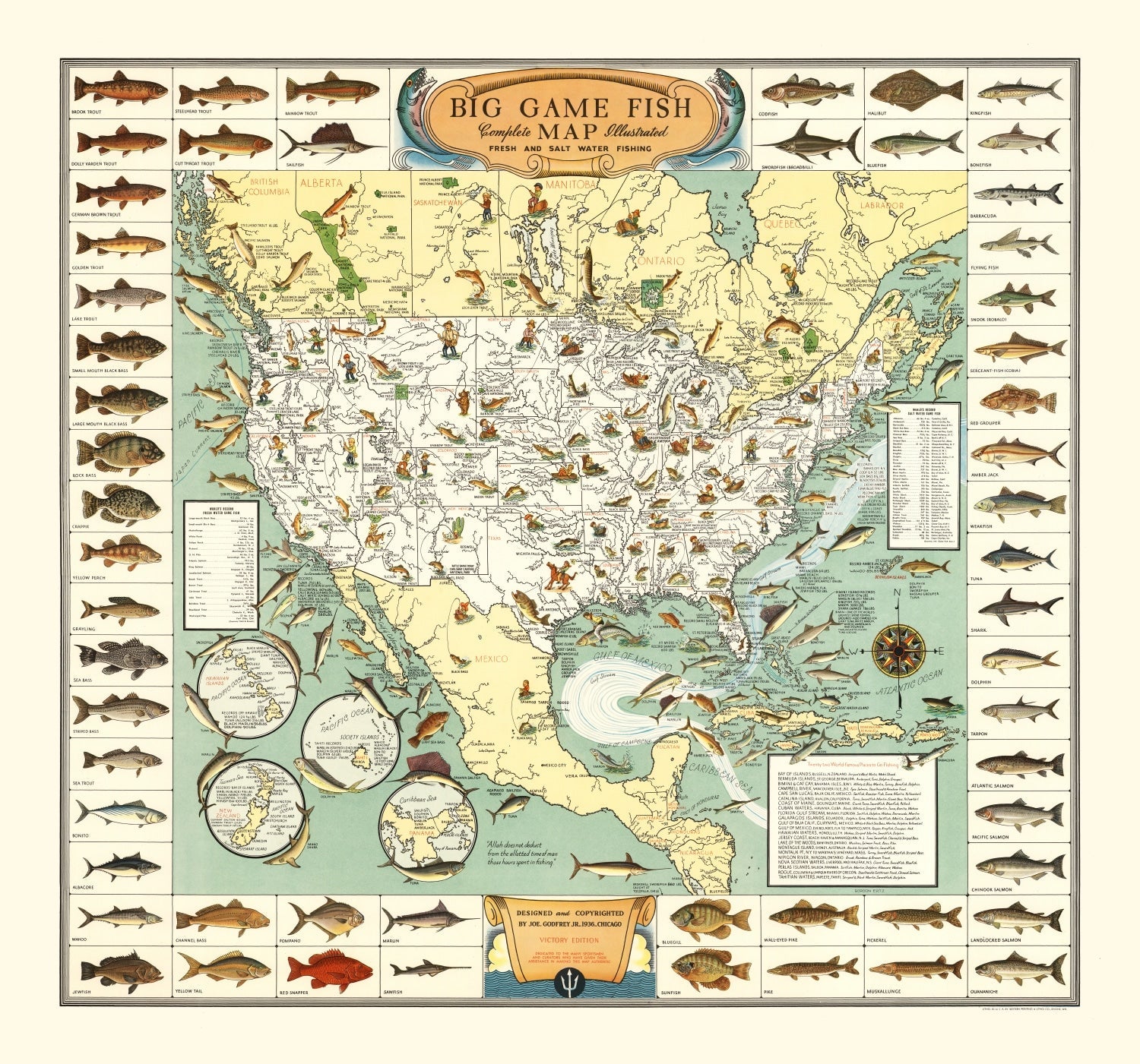 Vintage Map of Big Game Fish of America 1936