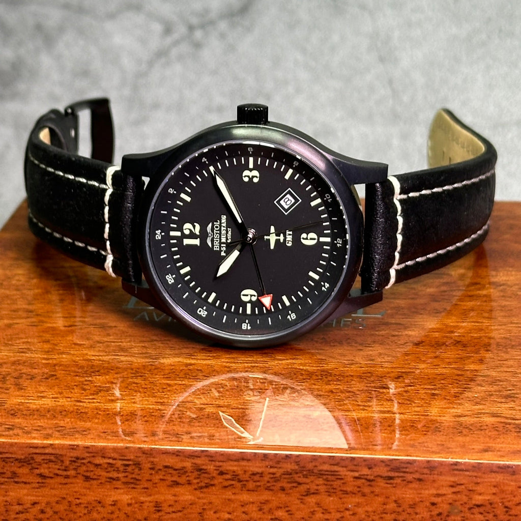 P-51 Mustang Tribute - Stainless Steel, Black Finish, Black Leather Band