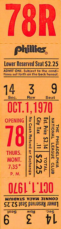 October 1, 1970 Full Ticket Final Game Phillies Connie Mack Stadium 187845