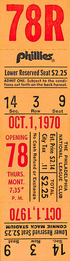 October 1, 1970 Full Ticket Final Game Phillies Connie Mack Stadium 187845