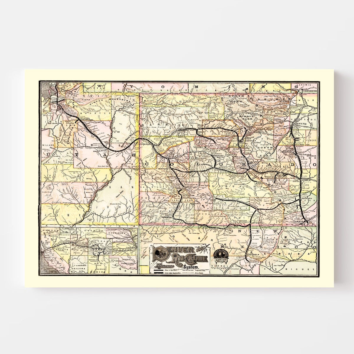 Vintage Map of Denver & Rio Grande Railroad System 1883