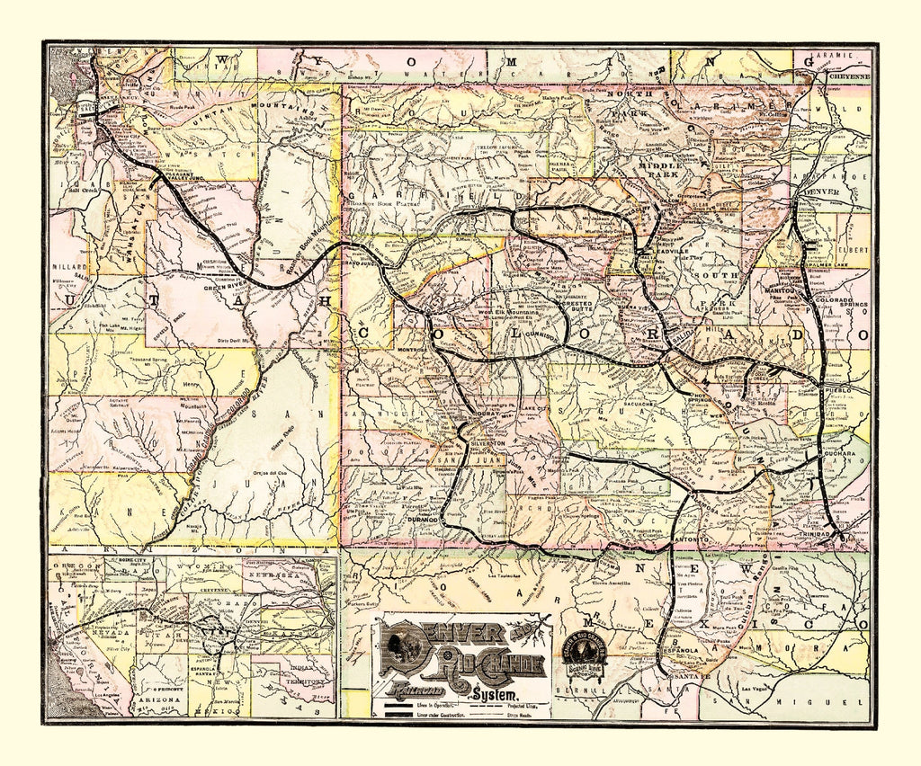 Vintage Map of Denver & Rio Grande Railroad System 1883