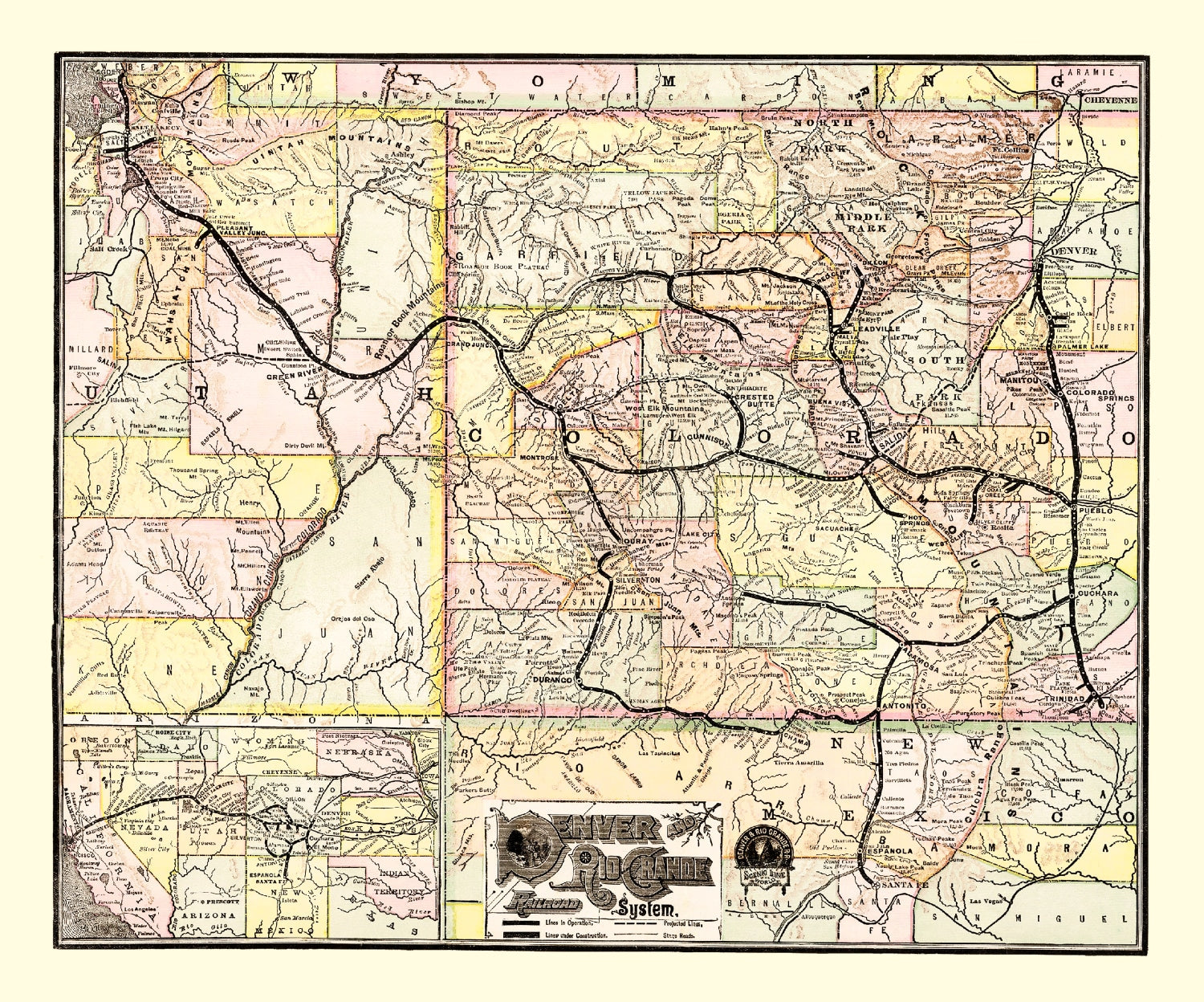 Vintage Map of Denver & Rio Grande Railroad System 1883
