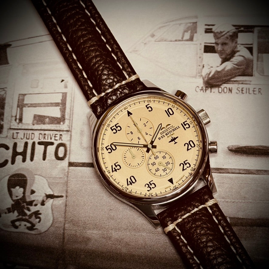 B-25 Mitchell Tribute - Stainless Steel, Polished Finish, Beige Dial, Brown Leather Band with Stitching
