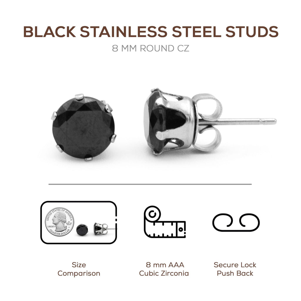 Cubic Zirconia Round Black Stud Earrings Set Of 2 Stainless Steel Jewelry Men Women