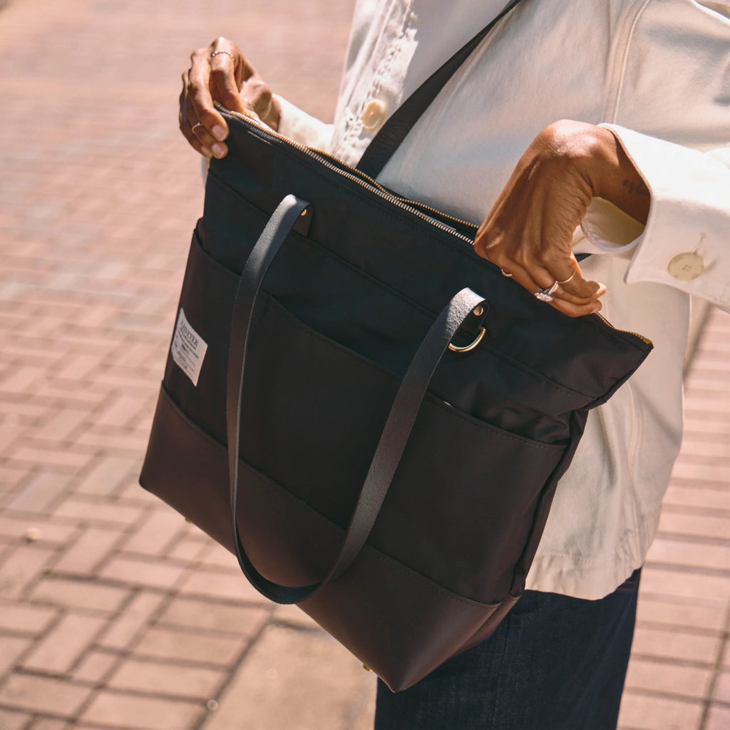 Harriet Tote Bag | Black Nylon + Black Leather