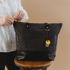 Harriet Tote Bag | Black Washed Canvas + Black Leather