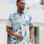 Men's Resort Style Casual Linen Blend Colorful Tropical Leaf Print Shirt