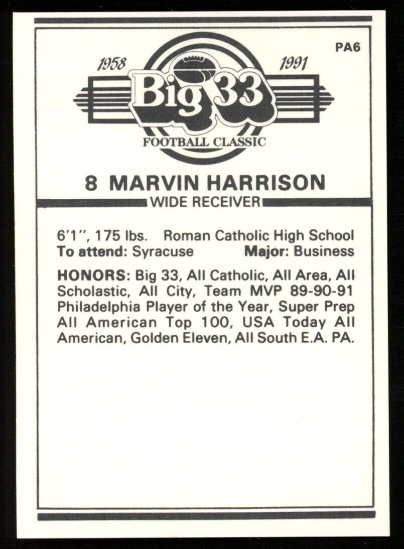 1991 Big 33 Football Classic Marvin Harrison #PA6 Pennsylvania
