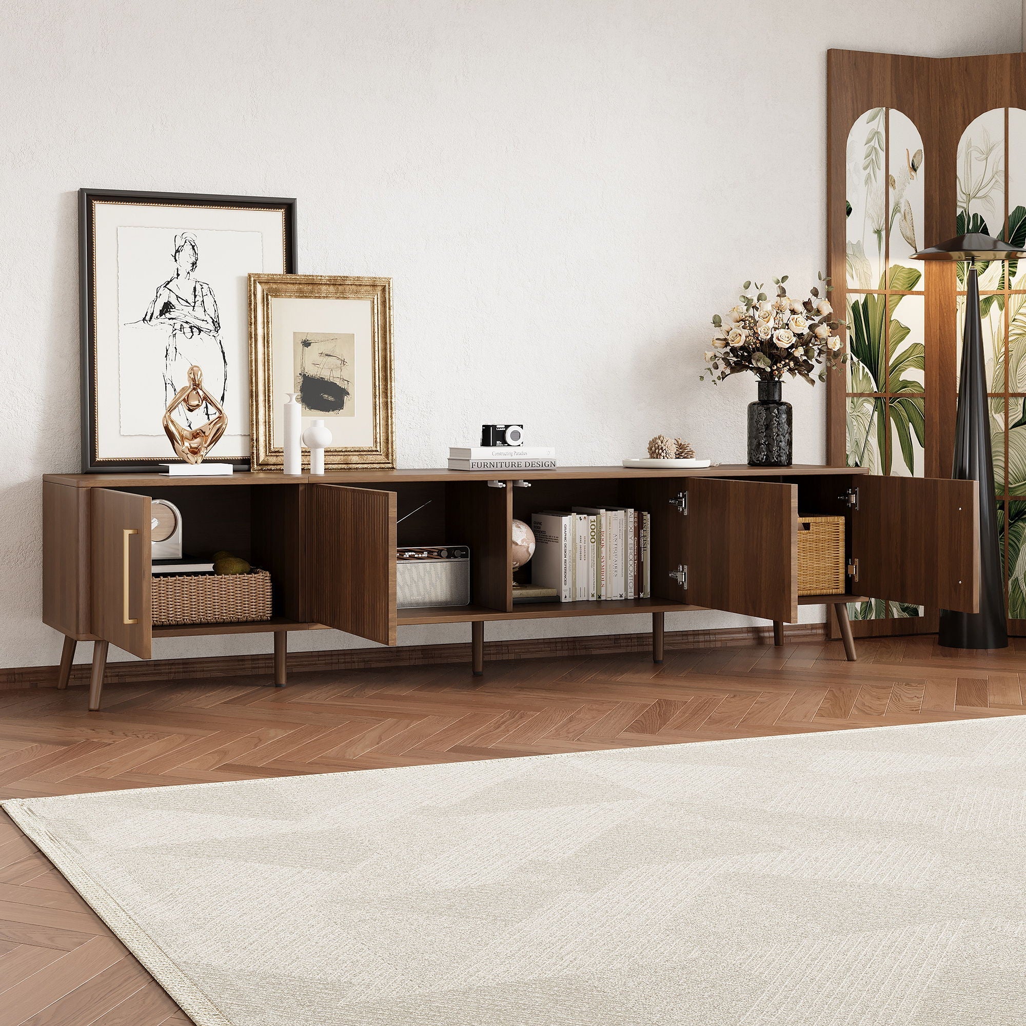 TV Stand For TVs Up To 85" With Fluted Door - Walnut