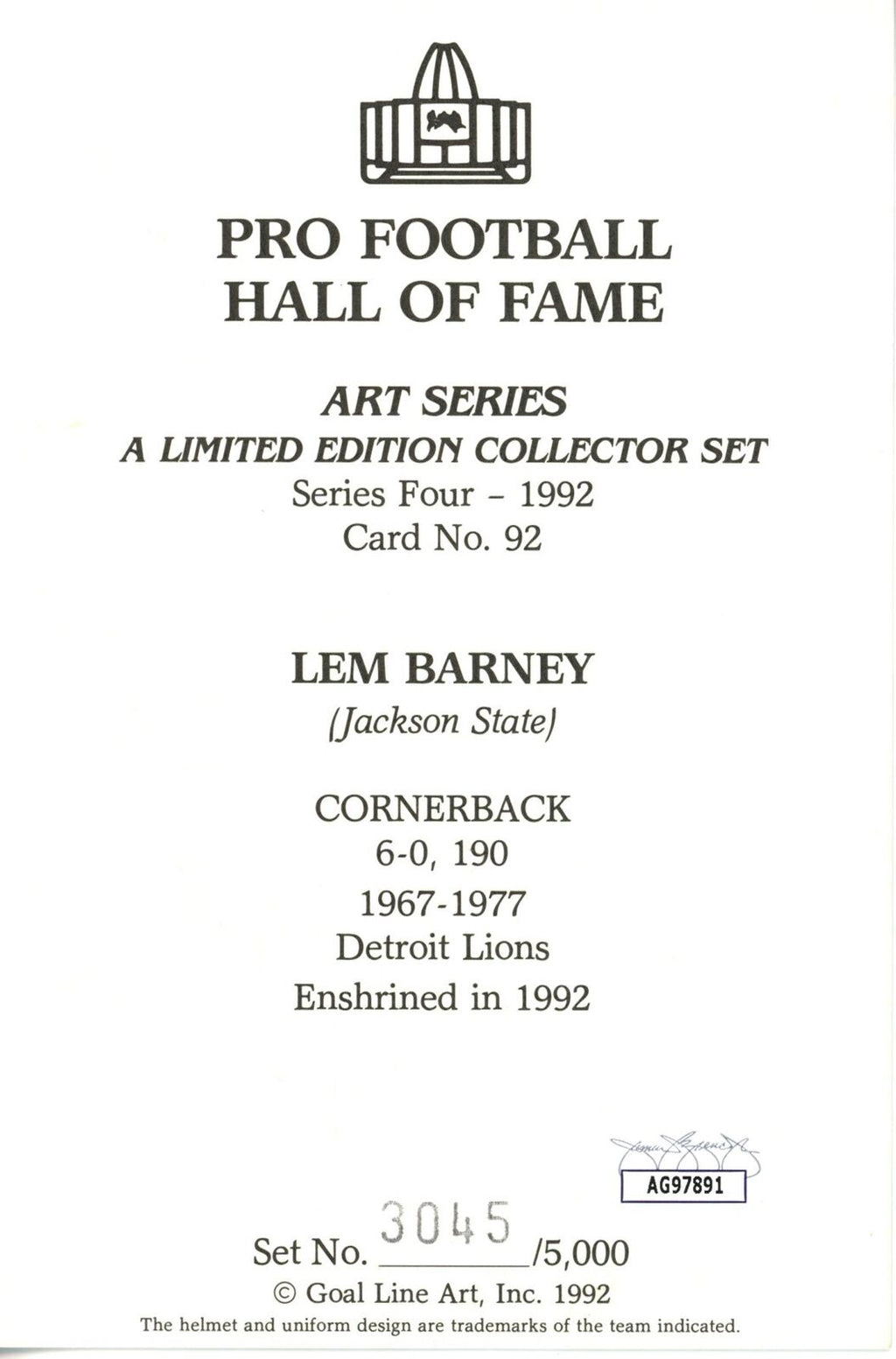 Lem Barney HOF Autographed/Inscr Goal Line Art GLAC Postcard Detroit Lions JSA
