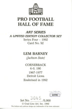 Lem Barney HOF Autographed/Inscr Goal Line Art GLAC Postcard Detroit Lions JSA