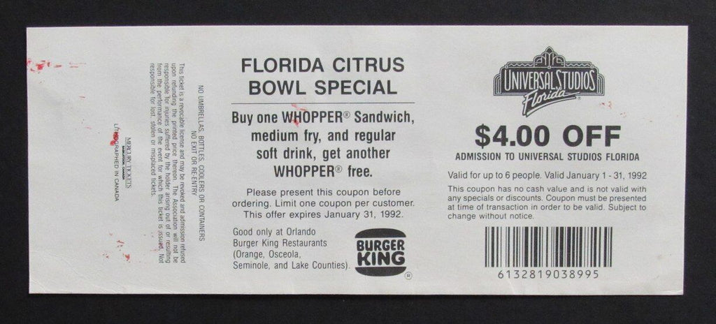 1992 Florida Citrus Bowl Football Game Full Ticket Clemson vs. California