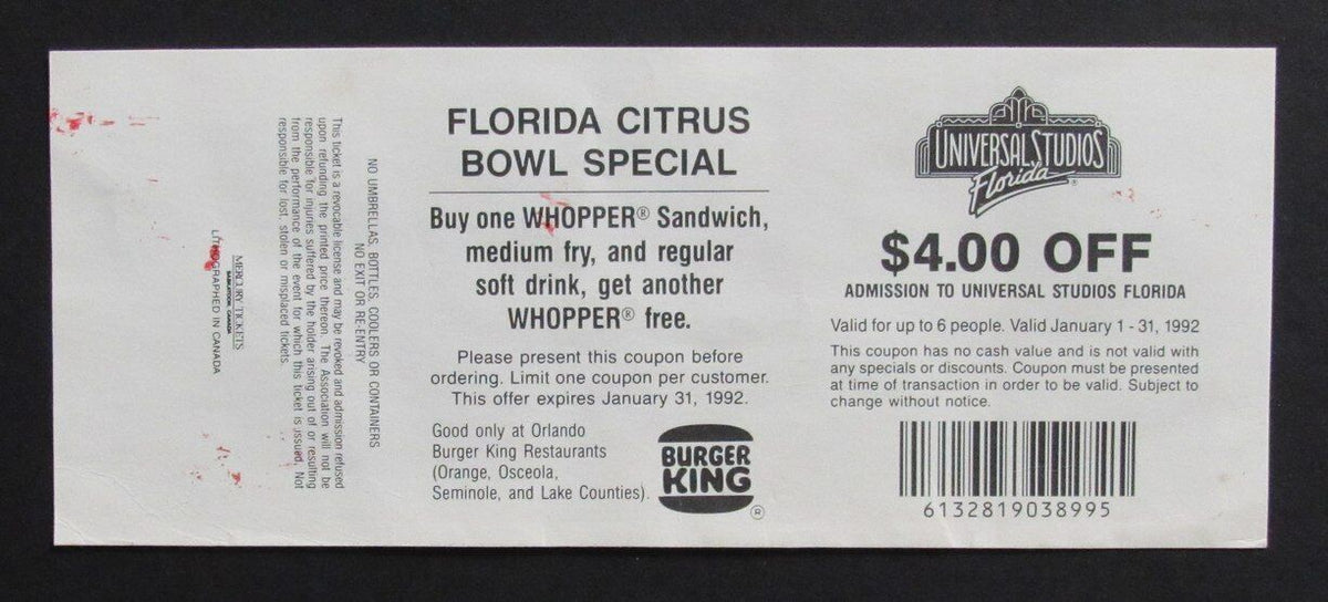 1992 Florida Citrus Bowl Football Game Full Ticket Clemson vs. California
