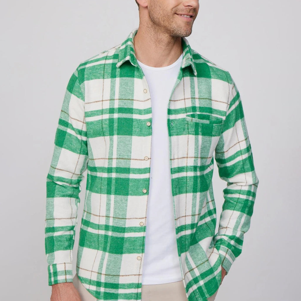 Slim Fit Flap Single Pocket Winter Plaid Lumberjack Shirt // White + Green