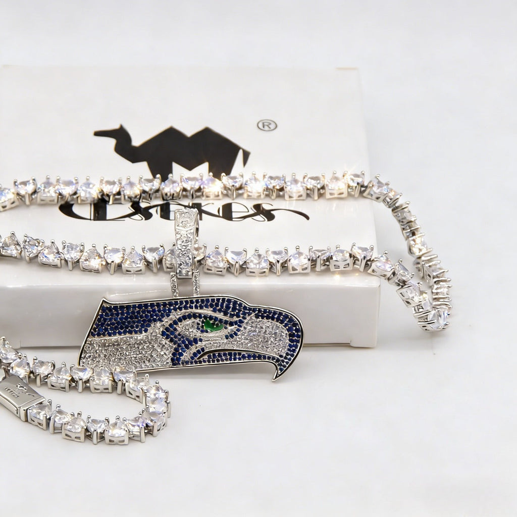 Seattle Seahawks Logo Pendant Necklace – with Heart Tennis Chain for Fans