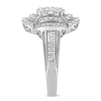 14K White Gold 1.0 Cttw Round & Baguette Cut Diamond Floral Cluster Quatrefoil Channel Set Band Cocktail Statement Ring (H-I Color, SI2-I1 Clarity) - Size 6-3/4