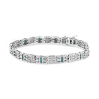 14K White Gold Princess-Cut white and Blue Diamond 3.00 cttw Fashion Link Bracelet (H-I Color, SI1-SI2 Clarity)