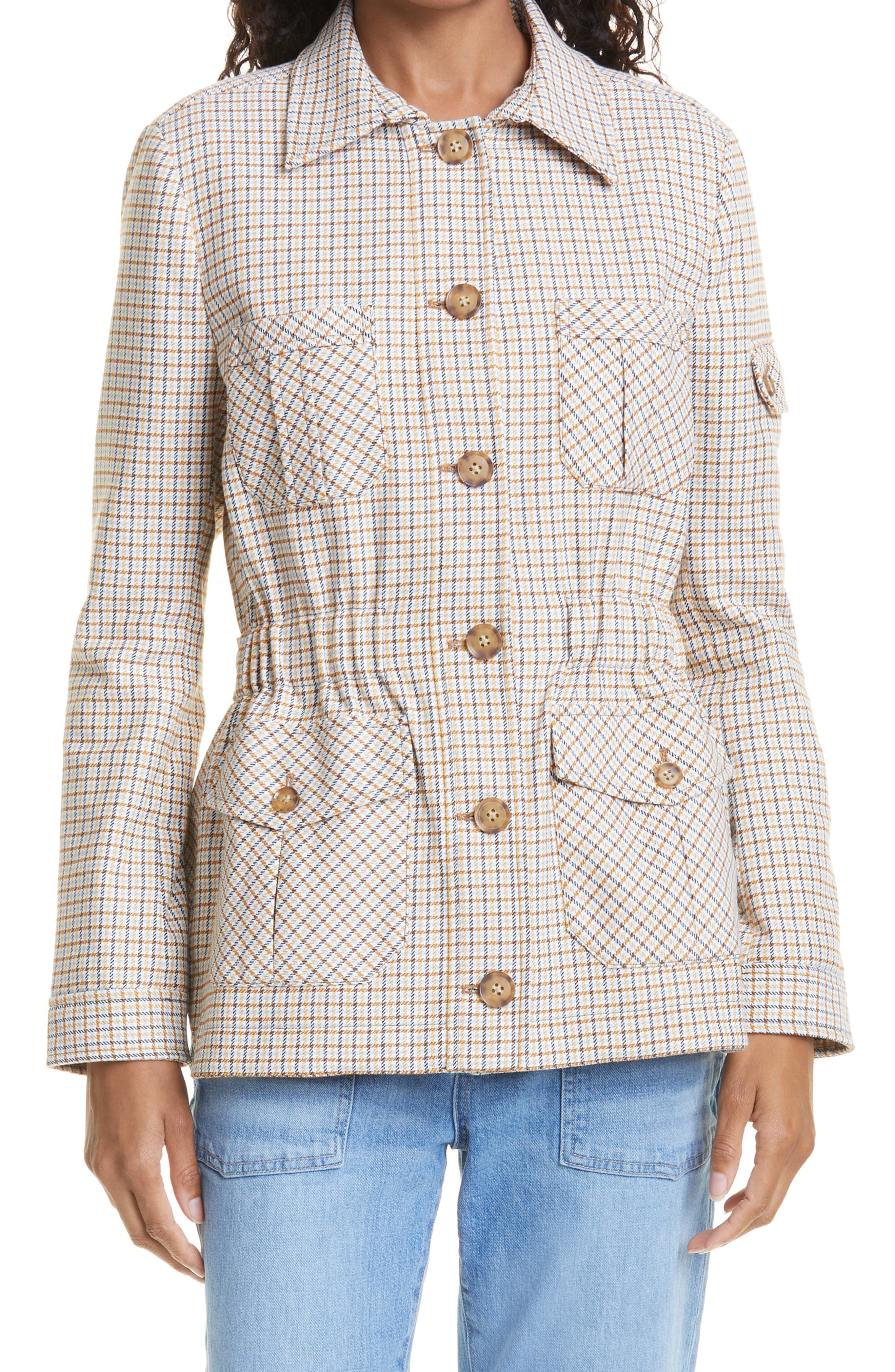Veronica Beard Check Camp Jacket, Size 12 in White Multi