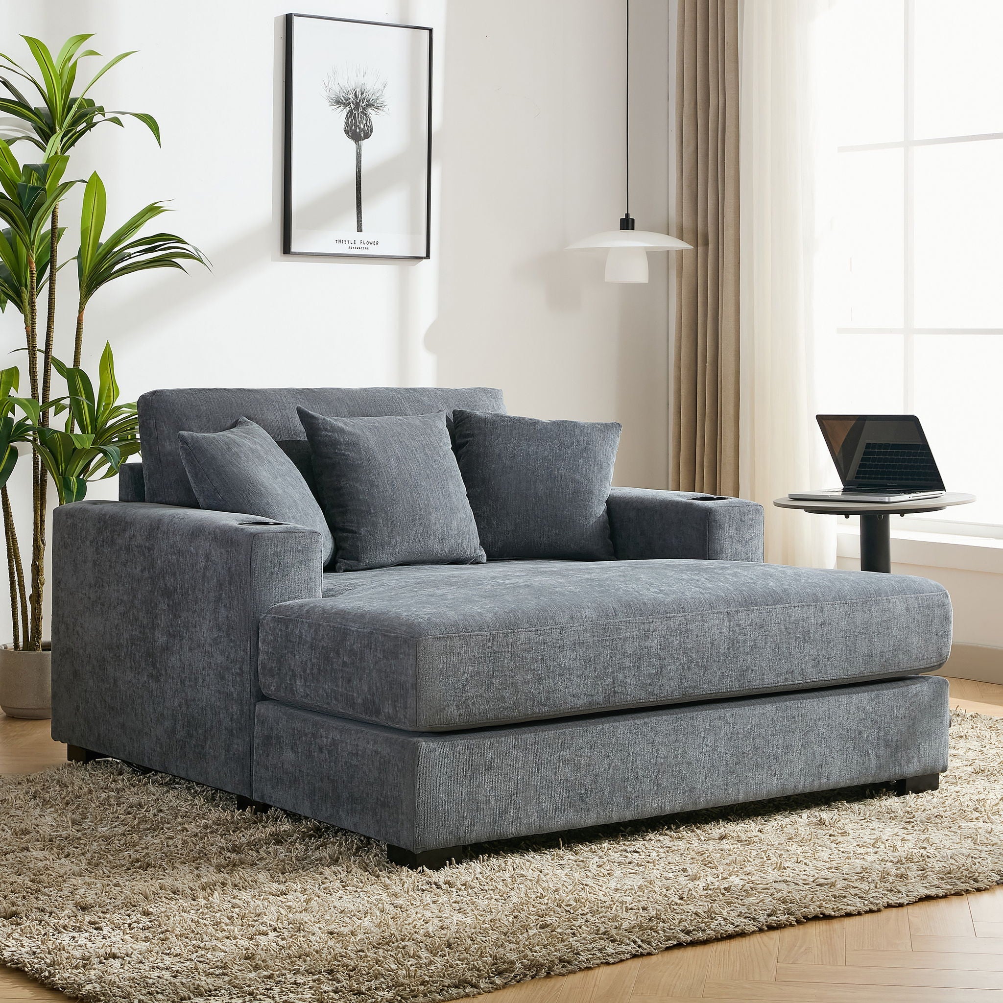Oversized Chaise Lounger, With Pillows, Cup Holders